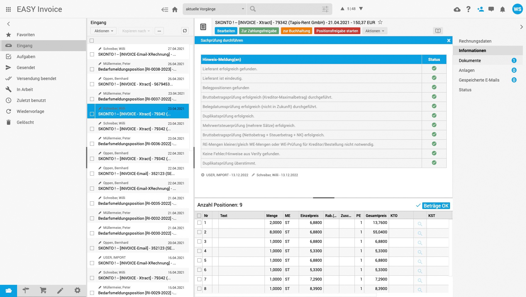 Reichnungsfreigaben in easy invoice. Alles bereit zur Zahlungsfreigabe.