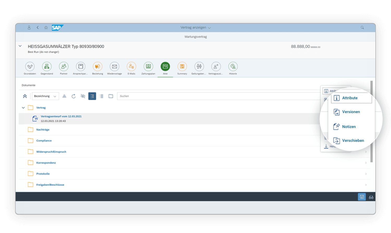 Eigenschaften, Versionen und Notizen zum Vertrag finden Sie schnell und übersichtlich in der Vertragsakte.